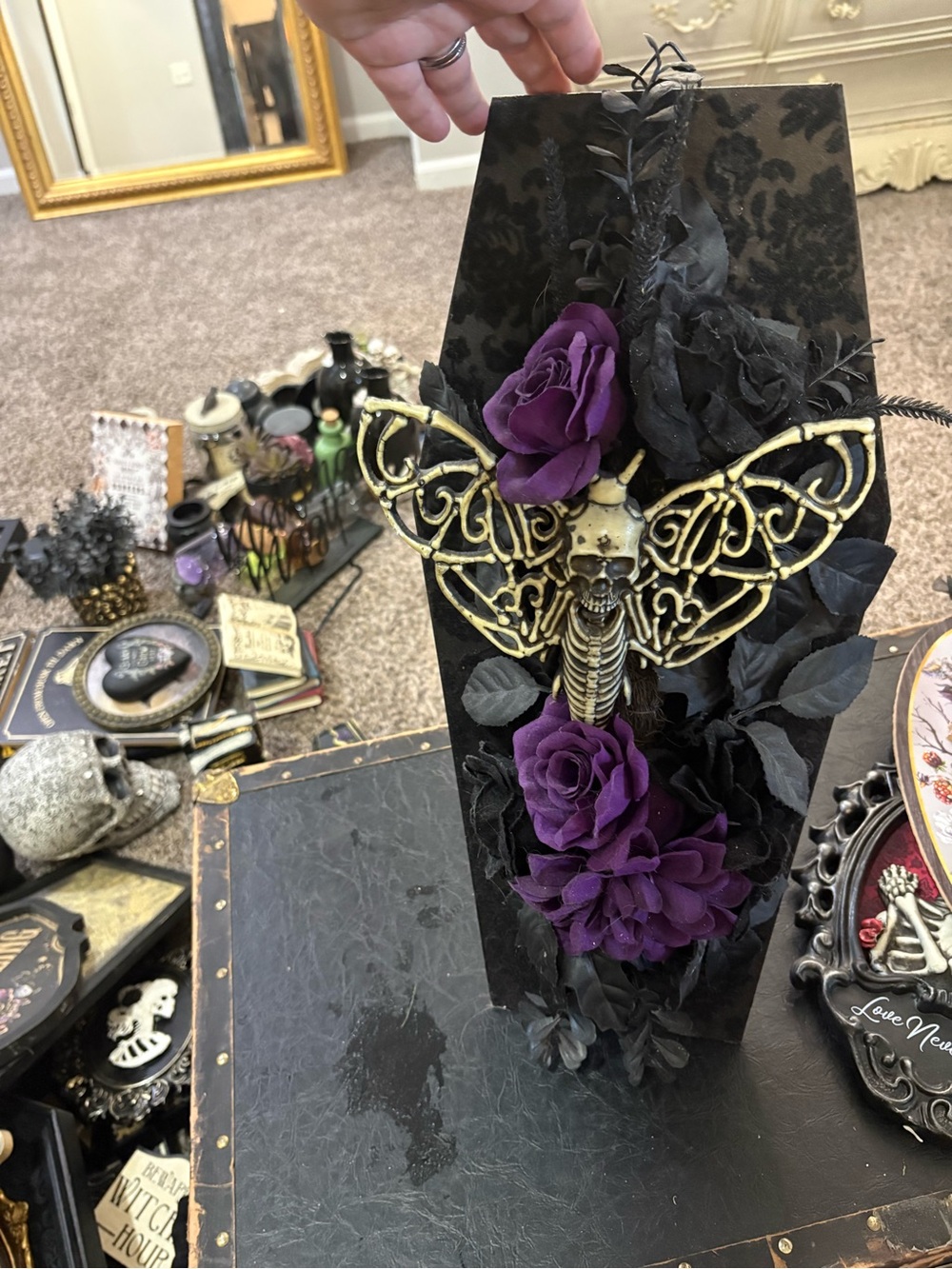 Gothic Coffin Wall Hanging with Purple Roses & Gold Moth Skeleton